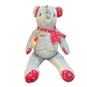 Pocket Pals Plus Handmade Denim Patchwork Teddy Bear with Red Accents